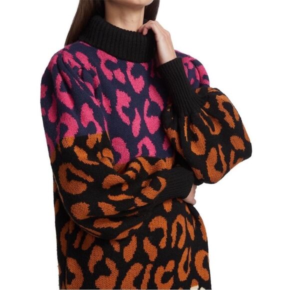 FARM Rio Leopard Pattern Sweater Dress High Neck Multicolored Sz L NWT - Picture 6 of 17